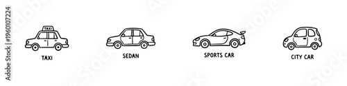 A set of four hand-drawn doodle icons featuring a taxi, a classic sedan, a sleek sports car, and a small compact city car in a sketchy style.