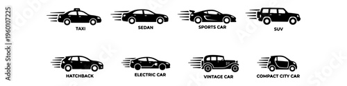 A detailed visual guide displaying eight distinct black silhouette car types, from classic taxis to modern electric cars, with labels and speed lines.