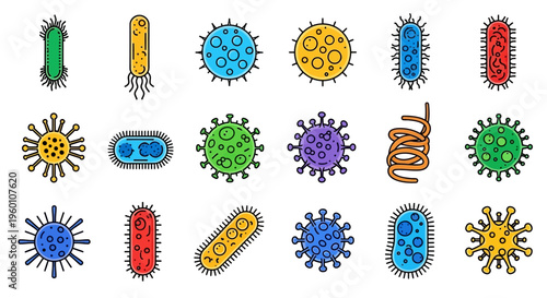 Colorful illustration depicting various bacteria and virus shapes on a white background
