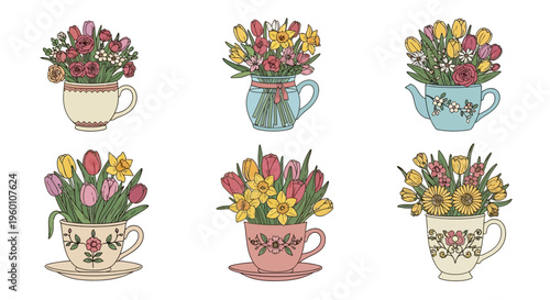 Colorful bouquets of flowers arranged in vintage teacups and pitchers