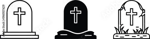 Three stylized gravestones with varying designs and details depicted in black and white Vector
