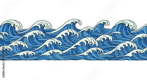 Stylized blue waves create a repeating ocean pattern illustration