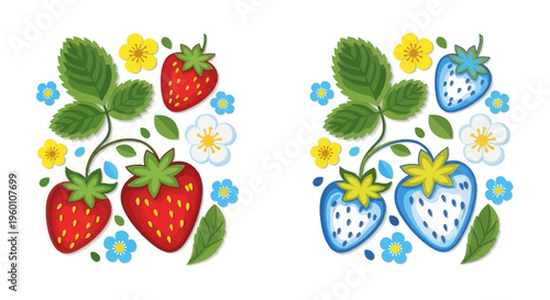 Colorful illustration of strawberries and blueberries with delicate floral accents