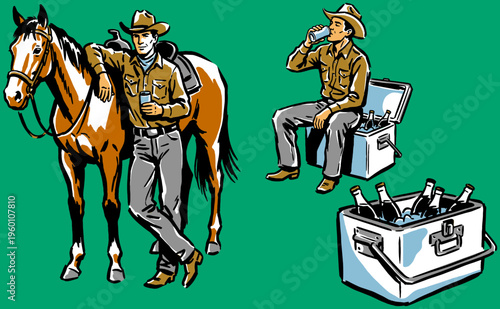 Western lifestyle artwork. Ranch life graphic print. Cowboy and horse vintage illustration for t-shirt, poster, and sticker design.