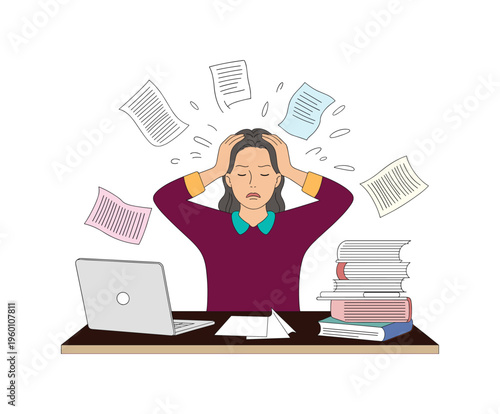 Woman with hands on head overwhelmed by flying papers and books stress, laptop.
