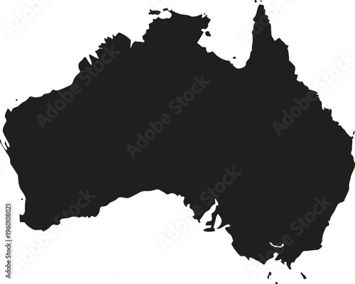 Distinct silhouette map of the continent of australia with rugged coastal outlines. Vector