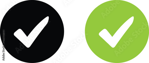 Two contrasting checkmark icons in black and green circles representing approval or validation. Vector