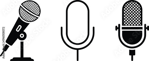 Three different types of microphones depicted in simple line art icons. Vector