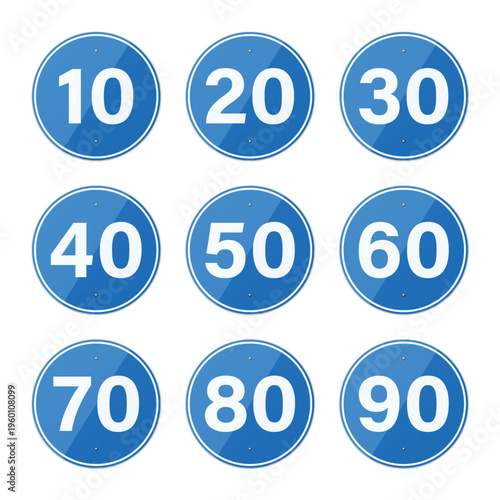 Vector 3d Blue Speed Limit Signs Set, Isolated. Round Traffic Road Sign Icons with Numbers 10 20 30 40 50 60 70 80 90. Driving Regulation Symbol Collection for Navigation, Transport and Safety Design