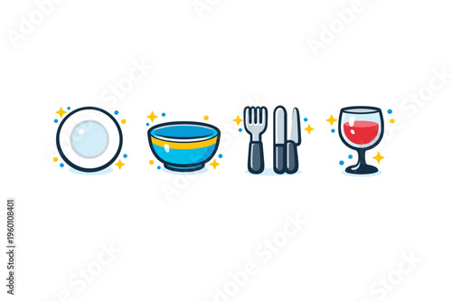 Clean tableware icons showing sparkling plate, bowl, fork and knife, and a glass of beverage, illustrating washing, hygiene, and kitchen cleanliness
