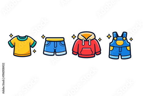 Colorful cartoon clothing set with t-shirt, shorts, hoodie, and overalls icons in flat vector style isolated on white background