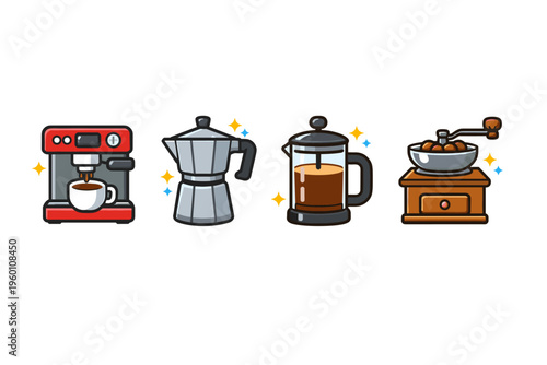 Colorful cartoon set of coffee makers and brewing tools including espresso machine, stovetop moka pot, French press, and manual grinder