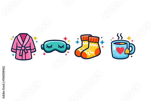 Cute cartoon self-care icons featuring bathrobe, sleep mask, warm socks, and steaming tea mug, cozy relaxation and bedtime comfort illustration
