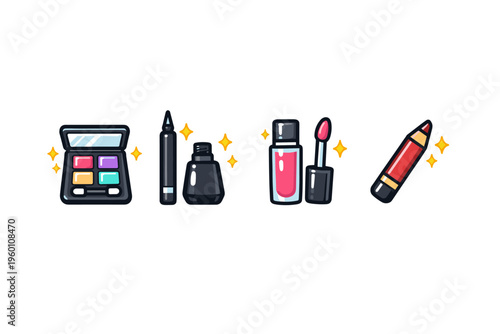 Cute makeup icons set featuring eyeshadow palette, eyeliner pen, nail polish bottle, lip gloss applicator, and lipstick illustrated with sparkles