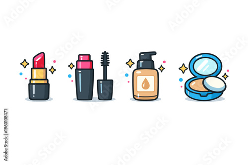 Colorful cartoon beauty cosmetics set featuring lipstick, mascara, liquid foundation pump, and compact powder with mirror on a white background