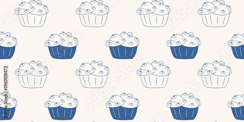 Seamless pattern with blueberry muffins in blue line art style. Vector background for bakery, cafe menu and sweet food design. Minimalist hand drawn dessert wallpaper for textile and packaging.
