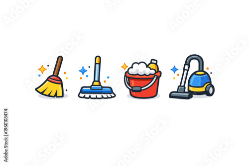 Colorful cartoon cleaning equipment icons featuring broom, floor mop, soapy bucket, and vacuum cleaner for housekeeping, sanitation, and tidying tasks