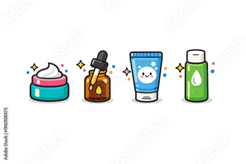 Cute cartoon skincare icons featuring face cream jar, serum dropper bottle, smiling cleanser tube, and green toner container with sparkles