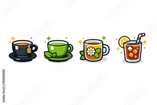 Set of four colorful beverage icons showing tea, matcha, herbal infusion, and iced lemon drink in cups with garnish, sparkles, and clean white background