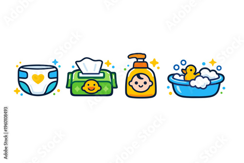Cute cartoon baby hygiene set with diaper, wet wipes pack, pump bottle cleanser, and bubbly bath basin icons on a clean white background