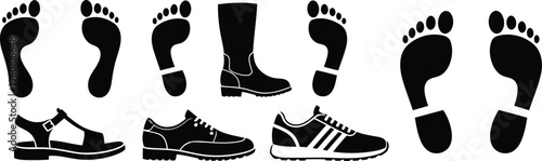 A collection of footprints with various types of footwear silhouettes shown in black and white Vector
