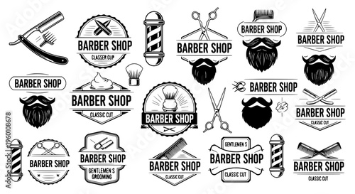 Various barber shop icons and logos with scissors and razors