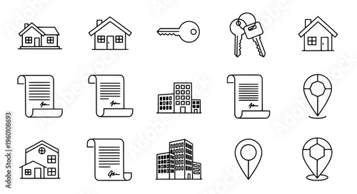 Real estate icons display various property and location symbols on a screen.