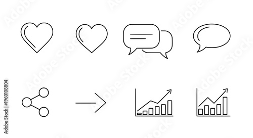 Line icons depict communication and business growth with hearts and graphs