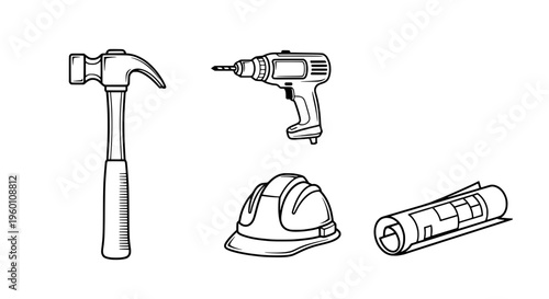 Construction tools and safety gear on a blueprint