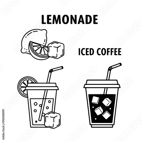 Refreshing drinks with ice cubes and straws on a table outdoors