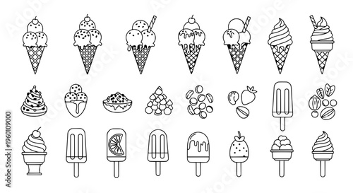 Colorful illustration of various ice cream cones and popsicles on display