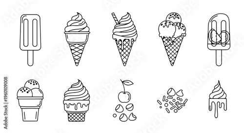 Colorful illustration of various ice cream cones and sweet treats on display