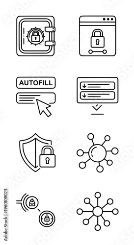 Digital security icons depicting online protection and data encryption methods