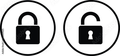 Two lock icons within circular borders representing security states. Vector