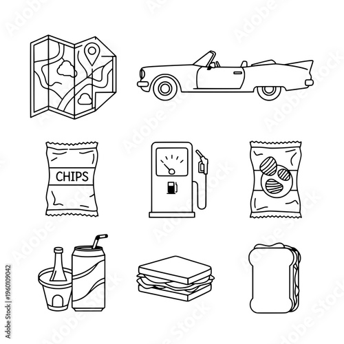 A car drives on a map route with snacks and gas nearby.