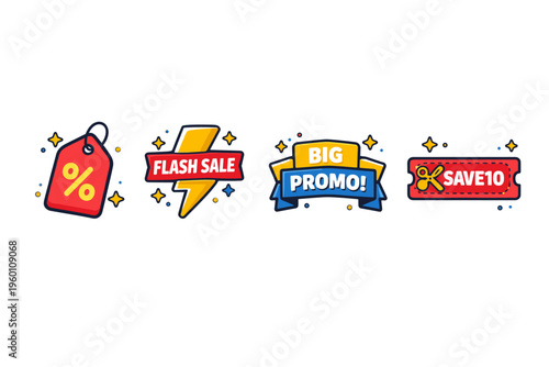 Colorful retail discount and promotion badges set with percent price tag, flash sale lightning icon, big promo ribbon banner, and save coupon label