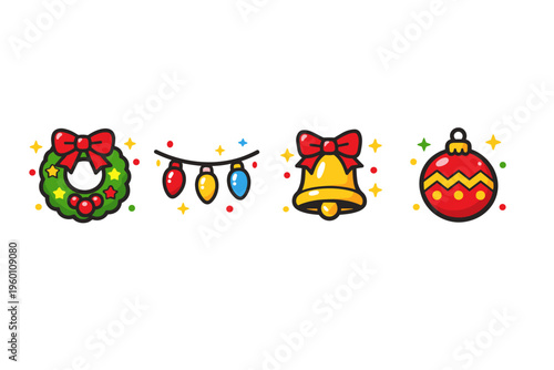 Cute Christmas holiday icon set featuring wreath with bow, string lights, golden bell, and red ornament in colorful hand-drawn style