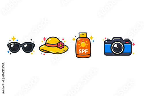 Colorful vector icons of summer essentials including sunglasses, sunhat, sunscreen SPF bottle, and camera isolated on white background