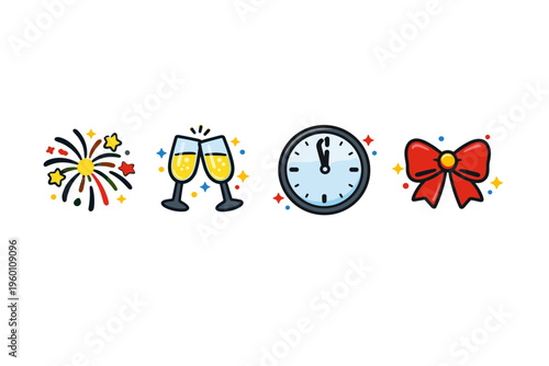 Festive celebration icons featuring colorful fireworks, clinking champagne glasses, a midnight clock countdown, and a red bow on a clean white background