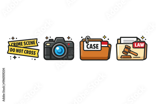 Crime investigation and legal icons showing crime scene tape, forensic camera, case folder, and courtroom law file with gavel illustration set