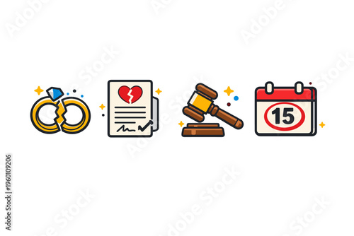 Divorce concept icons showing wedding rings, broken-heart document, judge gavel, and calendar date illustrating legal separation and court proceedings