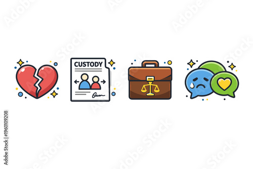 Legal and relationship issues icons showing heartbreak, child custody document, justice briefcase, and emotional chat bubbles about support and conflict