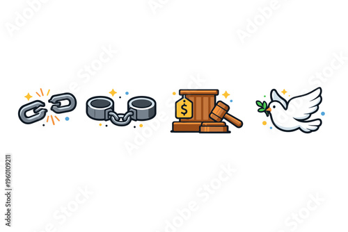 Illustrated sequence showing a broken chain, unlocked handcuffs, judge gavel with money symbol, and a white dove with olive branch for freedom