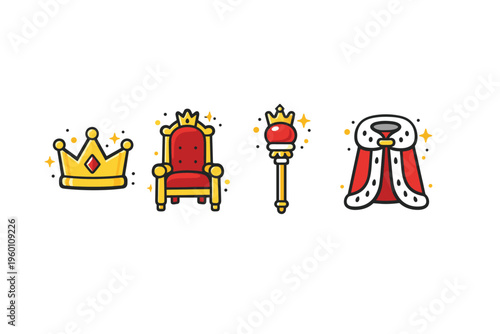 Cartoon royal regalia set featuring a golden crown, ornate throne, jeweled scepter, and red ermine cape in bright flat vector illustration
