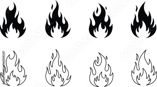 Black and white stylized flames in various shapes and orientations Vector