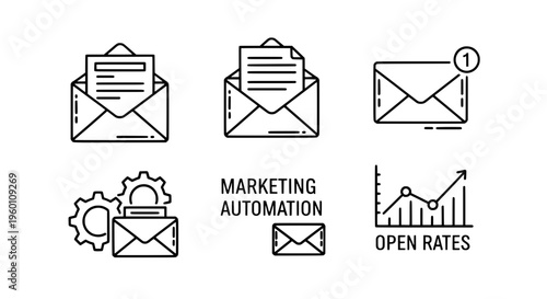Marketing automation icons show envelopes and open rates graphs
