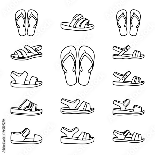 Various sandals are displayed in a detailed line art style illustration.