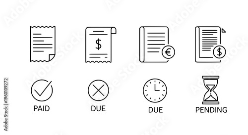 Financial documents with paid due pending icons and clock hourglass symbols