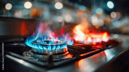 Close-up of gas stove burners with blue and red flames, illustrating cooking heat, kitchen energy, and household appliance use