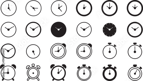 Collection of minimalist clock and timer icons representing various timekeeping devices and measurements
